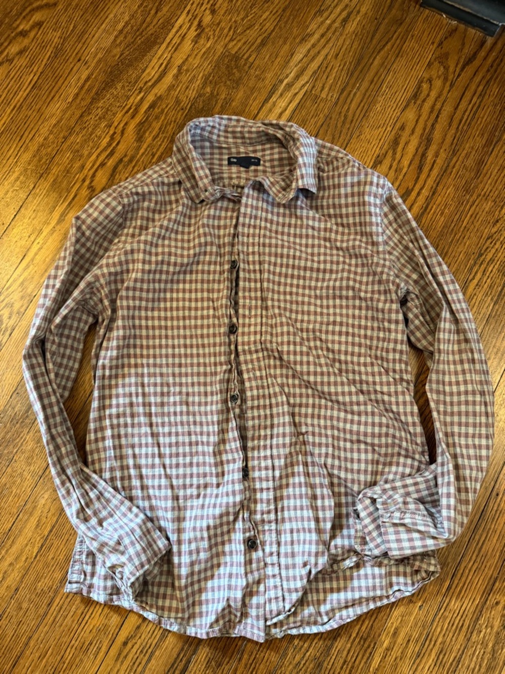 GAP Men's Brown and White Checked Button-Down Shirt